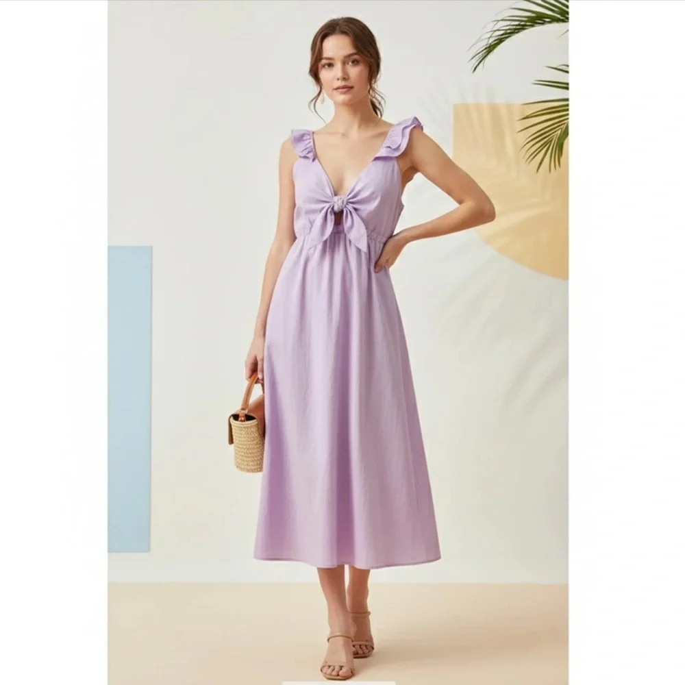 Anthropologie DREW Lilac Ruffle-Shoulder Midi Dress - Picture 8 of 8